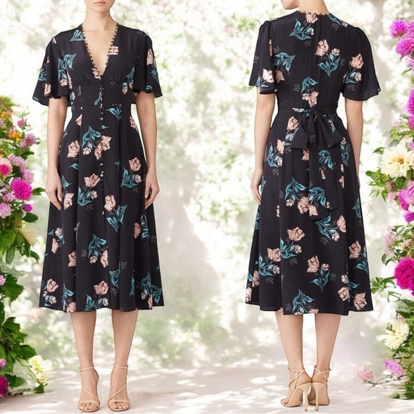 Nicholas Black and Floral Printed V-Neck A-Line Summer Belted Dress Size XXS - Picture 1 of 7